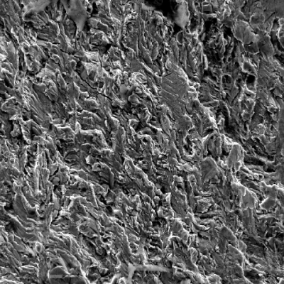 Fracture apperance by scanning electron microscopy of the region where the fatigue crack started, from the piping outside . The fracture is flat, presents some smashed regions close to the surface (to the right side)  and there are some thin secondary cracks.