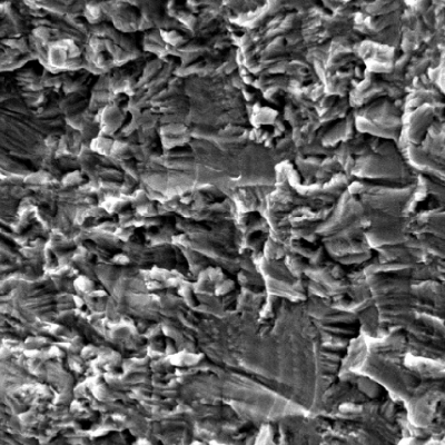 Fracture detail by scanning electron microscopy of the region cloin the center of the thockness.  The fracture is flat and shows fatigue striation.