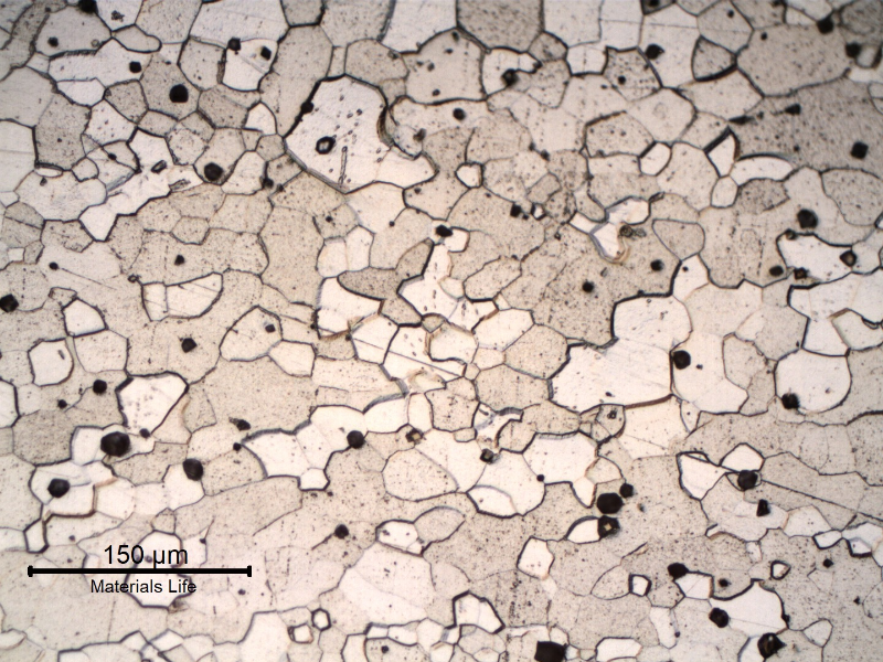 Micrography of a fork longitudinal section, in the center of the thickness, at the scoop position. The ferritic grains are equiaxial and uniform.