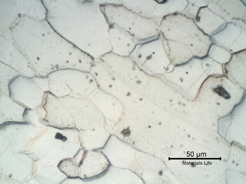 Micrographic detail of the ferritic grains with elongated morphology in the center of the transverse section, curved.