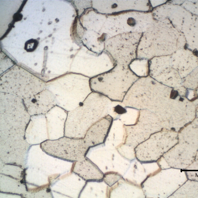 Micrographic detail of the fork longitudinal section, in the center of the thickness, at the scoop position, showing ferritic grains equiaxial and uniform.