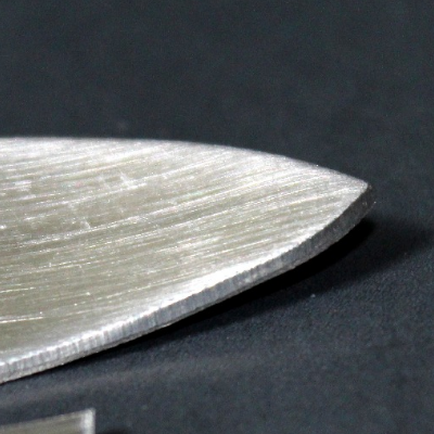 Aspect of the cut surface of the fork tooth in the scoop. The thickness is 1 mm and the fabrication finishing of the surface is polished.  The tooth in the center was cut for analysis in the longitudinal section.