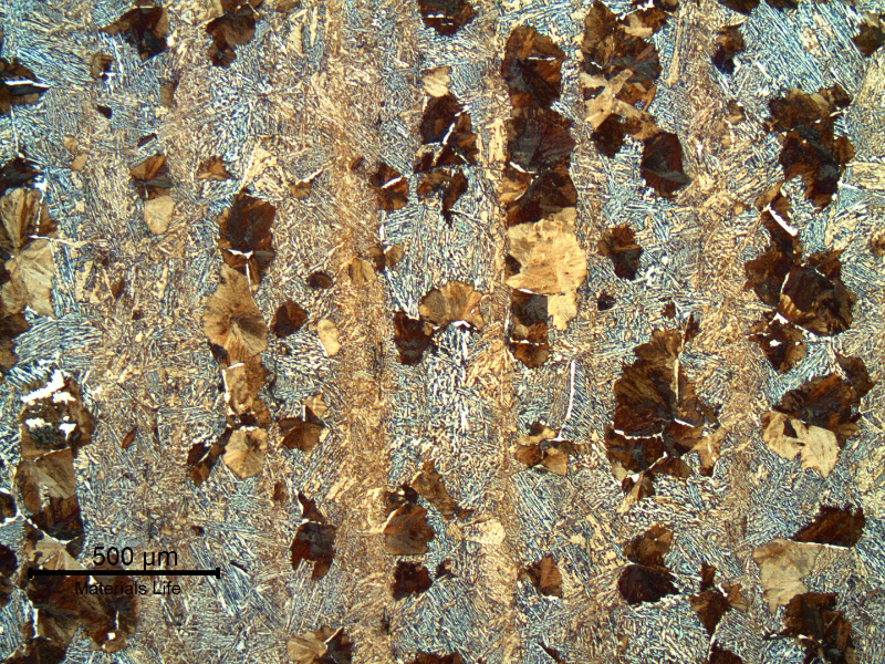 The longitudinal section of the shaft, in the center of the thickness, shows a coarse structure, and a ferritic/bainitic structure with pearlite islands.