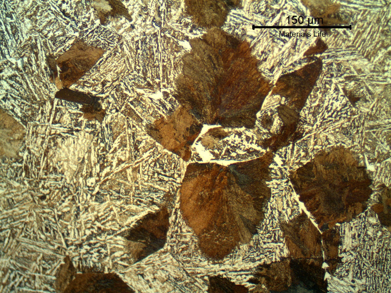 The longitudinal section of the shaft, at the surface, presenting only a small refining in the previous austenite grain boundaries than in the center, indicating that the material was slowed colled from forming and not heat treated.