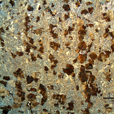 The longitudinal section of the shaft, at the surface, also shows a coarse structure, and a ferritic/bainitic structure with pearlite islands.  There is only a small refining in the previous austenite grain boundaries, indicating that the material was not heat treated.