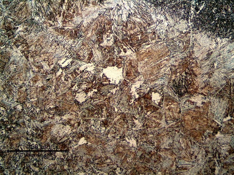 Micrography presenting the coarse grain heat affected zone of the welded joint, at the cap pass. The microstructure is bainitic.