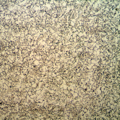 Micrographic detail of the very refined ferritic structure of the base metal, in the longitudinal section, indicating that the material was heat treated, since no banding is not detectable at this magnification.