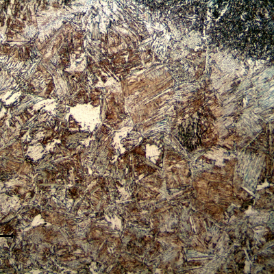 Micrography presenting the coarse grain heat affected zone of the welded joint, at the cap pass. The microstructure is bainitic.
