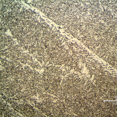 Micrographic detail of the weld metal in the last bead. The microstructure shows primary ferrite in the (previous austenite) grain boundaries, some regions of ferrite with aligned second phases and acicular ferrite in the center of the columnar grains.