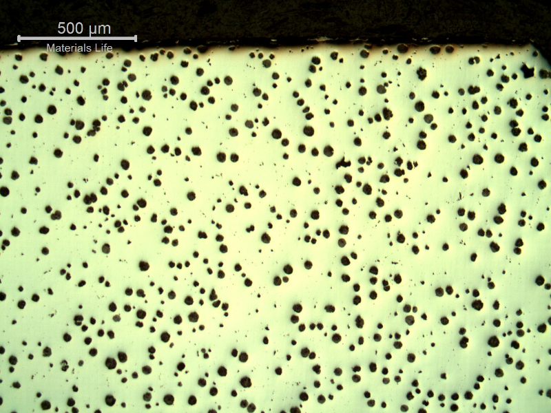 Micrography of a crankshaft longitudinal section at the shaft edge, in the as polished condition, presenting nodular graphite, well distruibuted.