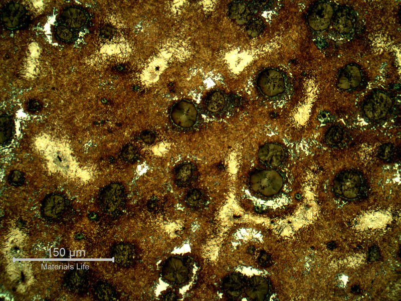 Micrography of the shaft below the heat treated surface.  At this position, in the middle of the hardened layer , it is possible to see also white regions of ferrite, very close to the graphite nodules.