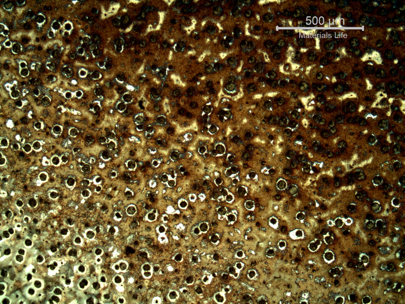 Micrography of the shaft below the heat treated surface, close to the limit of the hardened layer.  There is a gradient in the colours.  Hardened surface in the top of the figure and nucleous in the bottom.