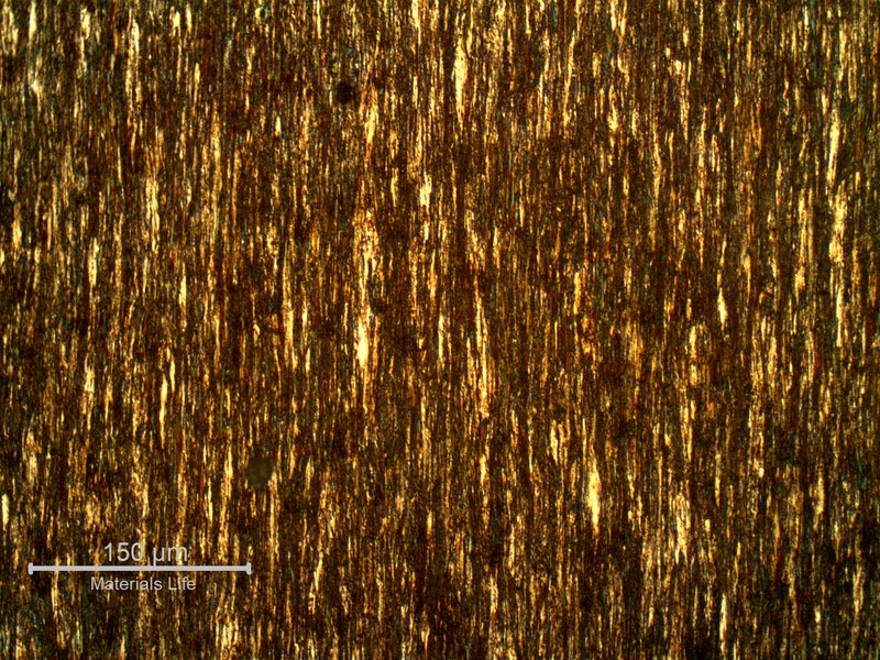Micrography of a wire in a longitudinal section, presenting a predominantly oearlitic structure, highly strained. The wires did not present any coating.