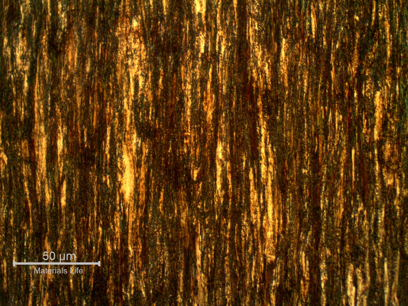 Higher magnification detail of the predominantly pearlitic microstructure of the wire.