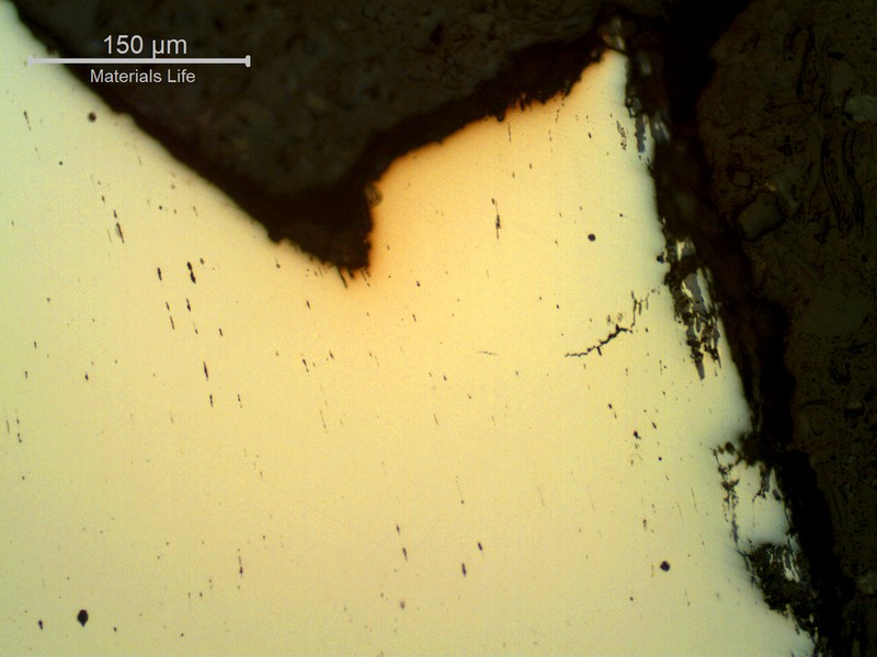 Micrography of a typical as polished overloaded wire, in a longitudinal section, showing necking at the fracture and secondary ductile cracks. About 25% of the wires have ruptured by this ductile mechanism.