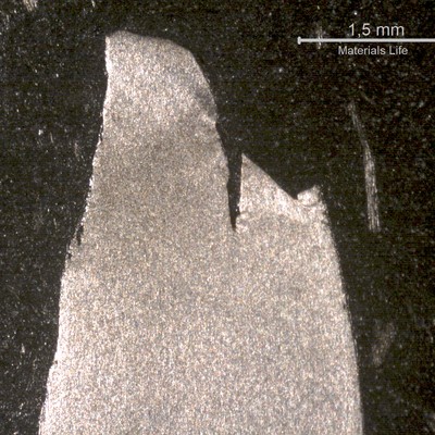 Macrography of one wire that was overloaded, showing localized necking and large plastic deformation close to the fracture.   This kind of fracture occurred for about 25% of the broken wires.