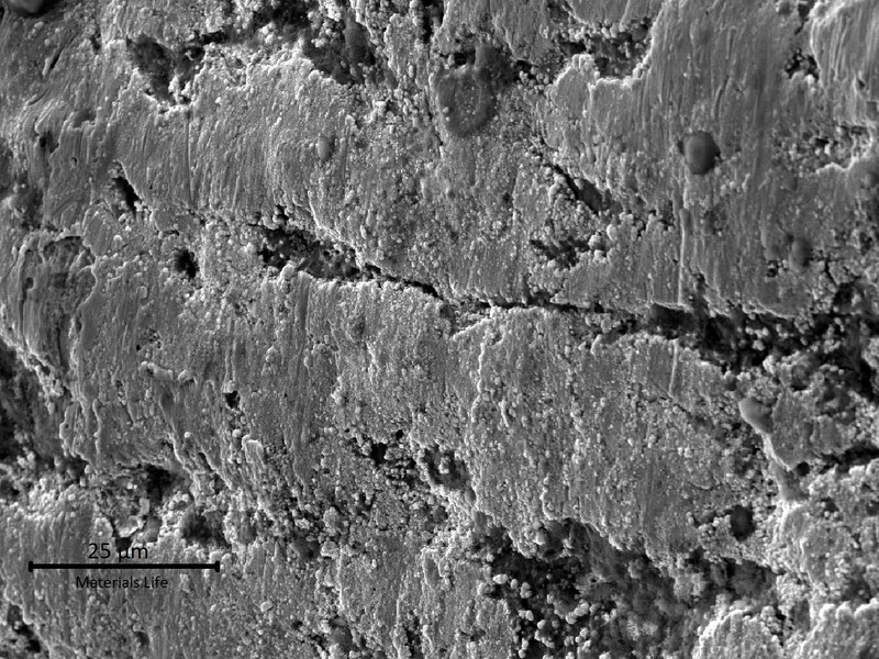 Detail of the groove region, showing a typical casting morphology at the surface: smooth and presenting a dendritic aspect with interdendritic shrinkage. Some dark grey "nodules" with Pb inclusions are also observed.