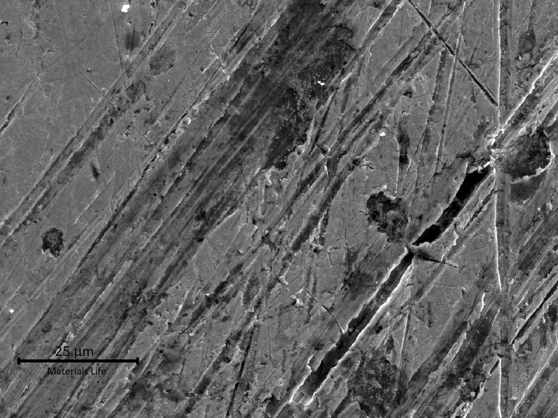 Detail of the flat scratched region of the coaster surface.  The dark grey "nodules" are lead (Pb) base  inclusions.