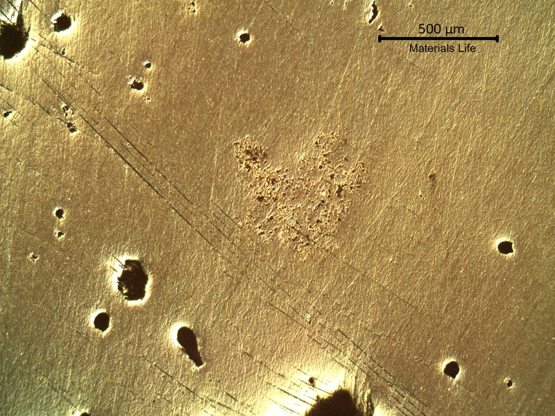 Metallographic aspect of the polished surface of the (back of the) coaster, showing pores and shrinkages, typical of a casting structure.