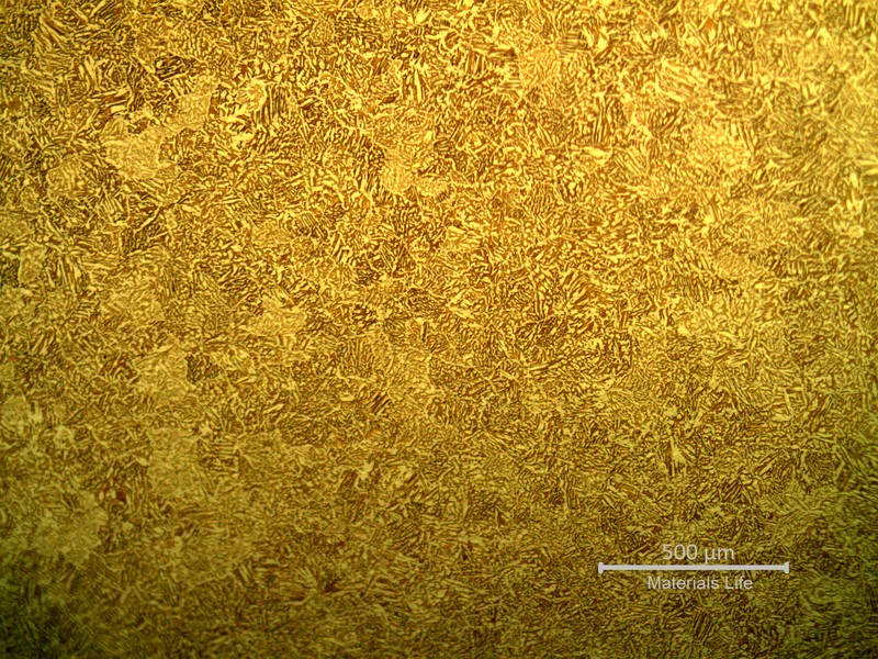Low magnification metallography of the coaster after etching, revealing a casting structure of alpha plus beta phases.  Beta is the dark brown matrix phase and alpha is the dendritic yellow phase.