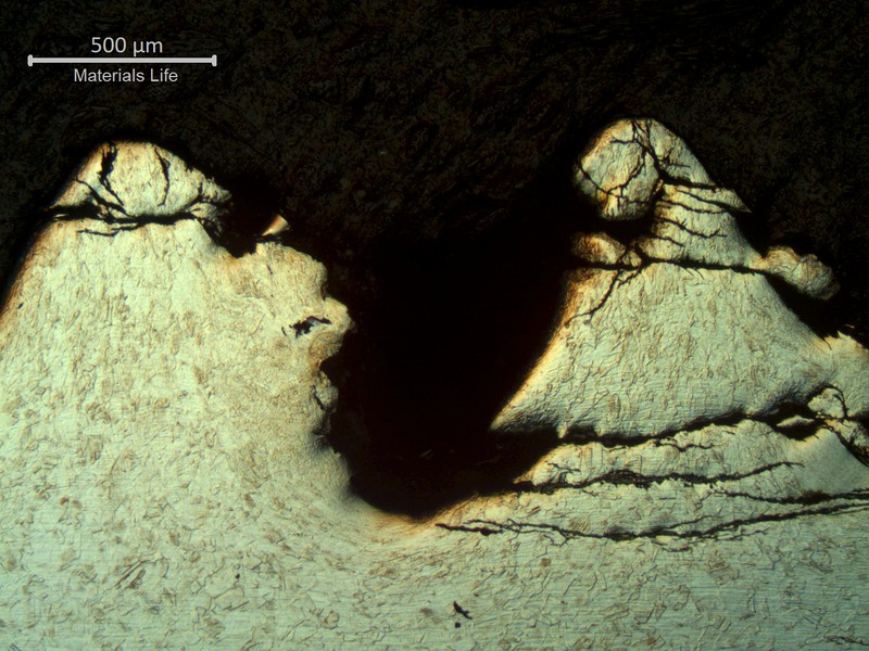 Optical micrography of a longitudinal section of the fractured bolt, at the thread.  The material is austenitic, free from carbides, and the threads were almost removed by the stress corrosion cracks.