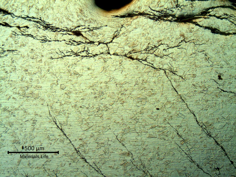 Optical micrography of a longitudinal section of the fractured bolt, under the thread, showing stress corrosion cracks through the section.