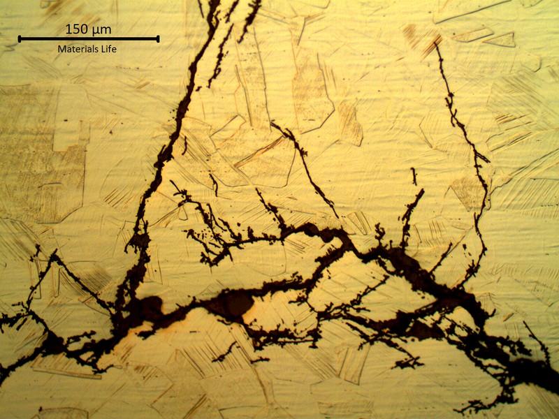 Detailed aspect of the stress corrosion cracks in a longitudinal section of the fractured bolt, under the thread. The microstructure is strain hardened austenite.