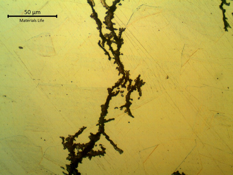 Detailed aspect of the brached transgranular stress corrosion cracks, in a longitudinal section of the fractured bolt. The microstructure is strain hardened austenite.