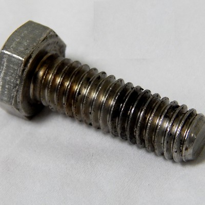 Aspect of a 5/16" bolt manufactured in an AISI 316 austenitic stainless steel, that was also operating inside the pressure vessel, but was not yet damaged.  It is a hexagonal head bolt, 1 1/2" long, fastened with a hexagonal nut and a lock washer.