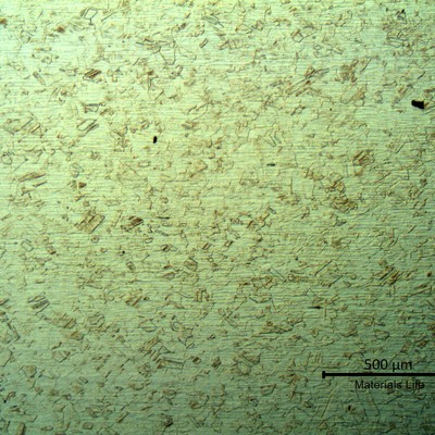 Low magnification micrography, by optical microscope, of the longitudinal section of a damaged bolt, in the center of the thickness. The microstructure is austenitic, free from carbides.