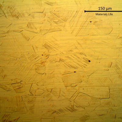 Micrography, by optical microscope, of the longitudinal section of a damaged bolt, in the center of the thickness. The microstructure is austenitic, free from carbides, strain hardened. The hardness values of the material are from 200HV1 to 300HV1, that meets the class 2 of strenght (ASTM A193 B8M class 2).