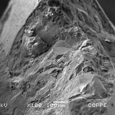 Detail of the bolt thread in a SEM image, showing parts of the thread removed in a brittle way.