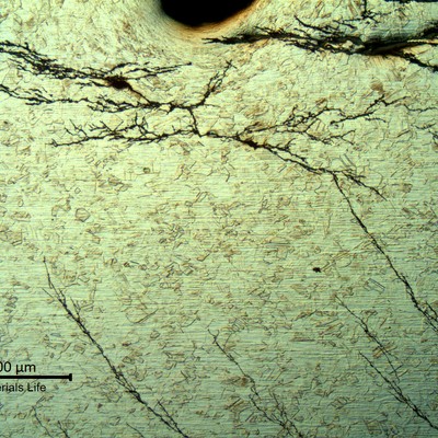 Optical micrography of a longitudinal section of the fractured bolt, under the thread, showing stress corrosion cracks through the section.
