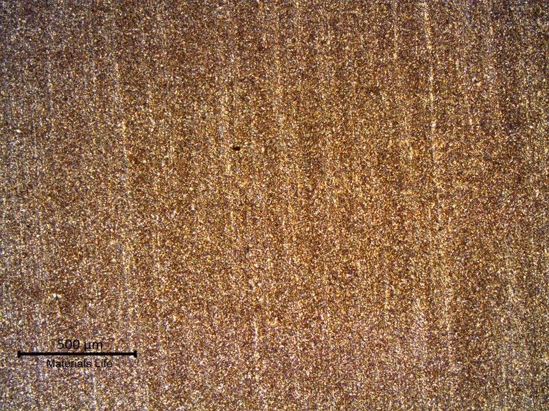 Tempered martensite of the pipe body of this API 5D grade S135 drill pipe.  The material presents, at this low magnification micrographic aspect, a slightly banded structure, usual for this type of drill pipe.