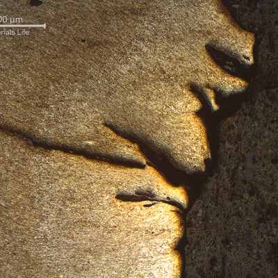 Micrography of the longitudinal section of the pipe, at the thicker part of the fracture, showing several secondary cracks opened to the external side of the pipe. There are no problems in the material structure and the cracks are associated to large plastic deformation.