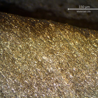 Micrographic detail of sheared pipe, showing strong plastic deformation at the fracture.  All the structure is deformed in the direction of the failure shearing.