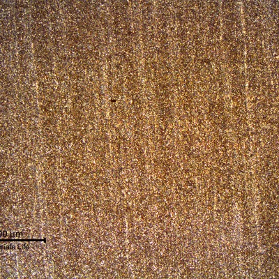 Tempered martensite of the pipe body of this API 5D grade S135 drill pipe.  The material presents, at this low magnification micrographic aspect, a slightly banded structure, usual for this type of drill pipe.