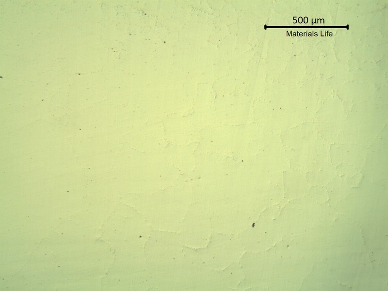 SAMPLE 1 AT 1 mm THICKNESS - Micrography in low magnification in the center of the thickness, as polished.  There are no regions of internal damage (like internal voids or cracks), indicating that the mechanism is only related to surface effects.
