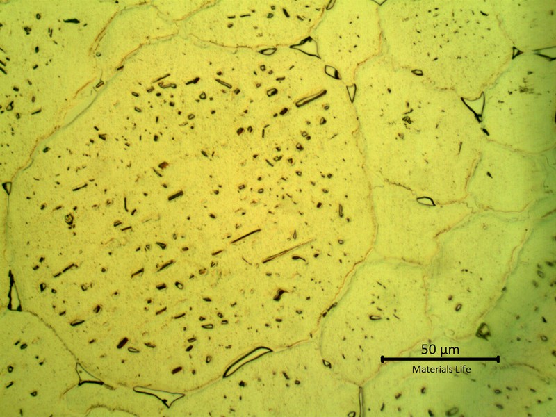 SAMPLE 2 AT 2 mm THICKNESS - Micrographic detail of the austenite with secondary precipitation. This oxalic acid electrolytic etch is revealing the integranular and transgranular (or intragranular) precipitation. In the grain boundaries it is possible to see: 1) a continuous network of carbide precipitation and 2) isolated islands of sigma phase. In the middle of the grains there are rounded and neddles like carbides. There are no variations in the microstructure comparing to sample 1.