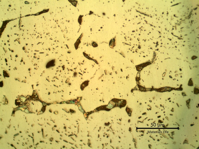 SAMPLE 3 AT 4 mm THICKNESS - Micrographic detail of the material in the center of the thickness, longitudinal section.  The microstructure is austenitic and the coloured phases are sigma, at austenitic grain boundaries.