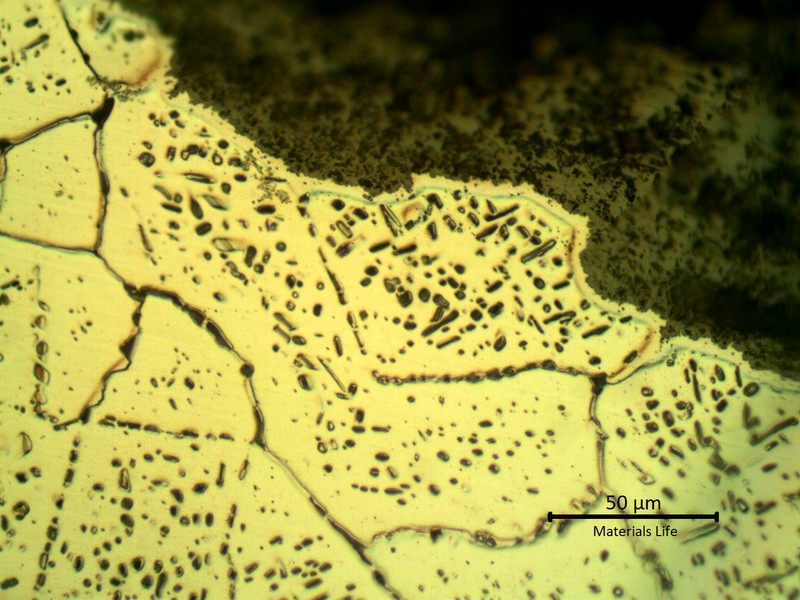SAMPLE 1 AT 1 mm THICKNESS, SIDE B - Micrographic detail of the austenite with secondary precipitation, close to the surface exposed to the furnace environment. Although the microstructure is similar all througth the thickness, there are no oxide penetrations into the grain boundaries, even close to the fracture, indicating that the environment is less aggressive.