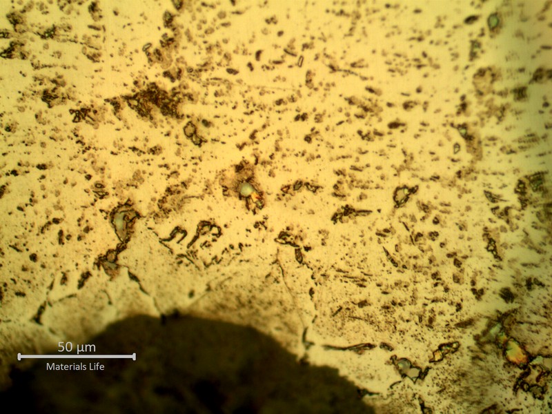 SAMPLE 1 AT 1 mm THICKNESS, SIDE A - Micrographic detail of the austenite with secondary precipitation, close to the surface exposed to the process side.  This NaOH electrolytic etch is colouring the sigma phase at austenite grain boundaries, creating cracks and grain detachemnt leading to quick thinning.