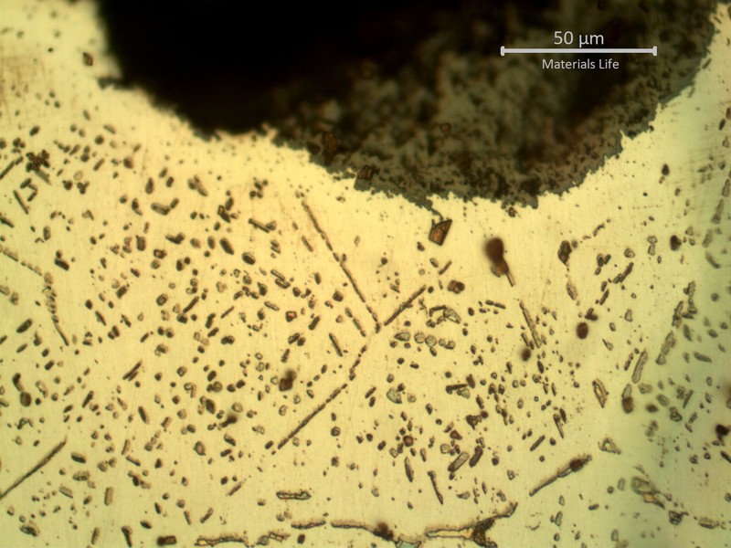 SAMPLE 1 AT 1 mm THICKNESS, SIDE B - Micrographic detail of the austenite with secondary precipitation, close to the surface exposed to the furnace environment. This NaOH electrolytic etch is adopted to colour sigma phase and at this position there are no special formation of sigma in the grain boundaries and there are no oxide penetrations, confirming that the environment is important to create the damage and the internal side of the tube is responsible for the quick degradation in high temperature.