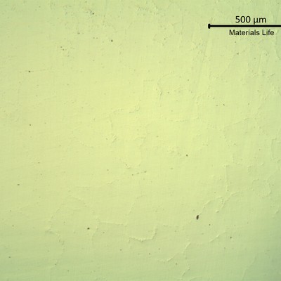 SAMPLE 1 AT 1 mm THICKNESS - Micrography in low magnification in the center of the thickness, as polished.  There are no regions of internal damage (like internal voids or cracks), indicating that the mechanism is only related to surface effects.