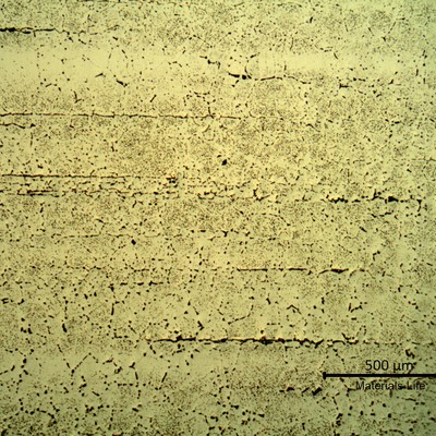 SAMPLE 3 AT 4 mm THICKNESS - Micrography in low magnification in the center of the thickness.  The microstructure is austenitic with secondary intergranular and intragranular precipitation, but this micrography was obtained in the longitudinal section, presenting the plate alignment and was etched with NaOH, adopted to colour the sigma phase .