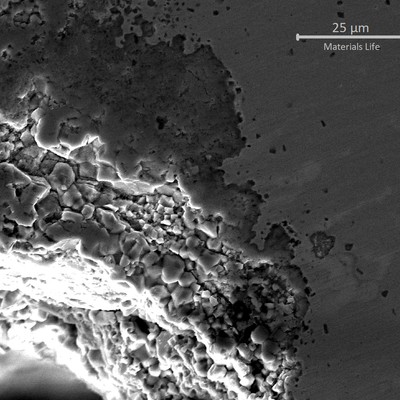 SAMPLE 1 AT THE FRACTURE - Micrographic detail by scanning electron microscopy, as polished,  of the oxides that are penetrating in the grain boundaries.  The EDS showed high Molibdenium content in the penetrating oxides.  The process uses Mo oxides to make metallic Mo and the high Mo content at the surface could be responsible for reducing the oxidation resistance of the material and intensifying the thinning at the process side (side A).