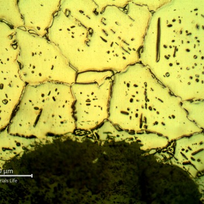 SAMPLE 1 AT 1 mm THICKNESS, SIDE A - Micrographic detail of the austenite with secondary precipitation, close to the surface exposed to the process side.  This oxalic acid electrolytic etch is revealing the sigma phase at austenite grain boundaries that is probably intensifying the intergranular oxidation, creating cracks and grain detachemnt leading to quick thinning.