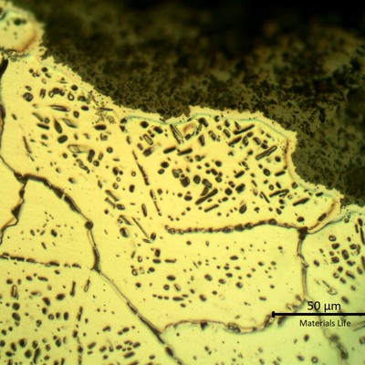 SAMPLE 1 AT 1 mm THICKNESS, SIDE B - Micrographic detail of the austenite with secondary precipitation, close to the surface exposed to the furnace environment. Although the microstructure is similar all througth the thickness, there are no oxide penetrations into the grain boundaries, even close to the fracture, indicating that the environment is less aggressive.