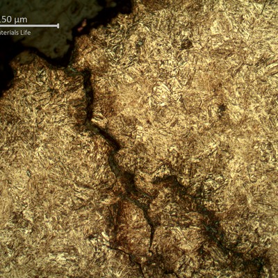 Micrographic detail of a secondary crack transverse to the fracture (in the top), showing its appearance as multiple openings, straight and with intergranular and transgranular characteristics .