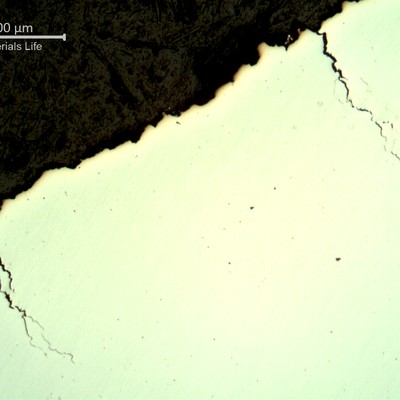Micrography, as polished, of the socket in a section transverse to the fracture, showing the fracture in the top and secondary brittle cracks.